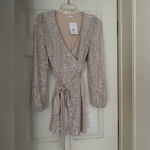 Sequin wrap dress, champagne color, BNWT. Adorable cut, fun and flirty!